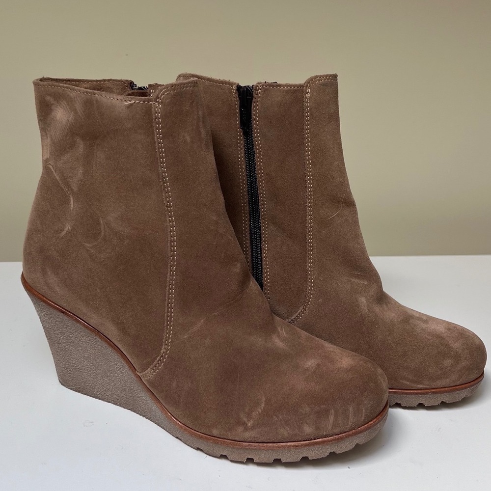 La Canadienne Brown Suede Wedge Ankle Boots Waterproof Side Zip 33442 8.5M